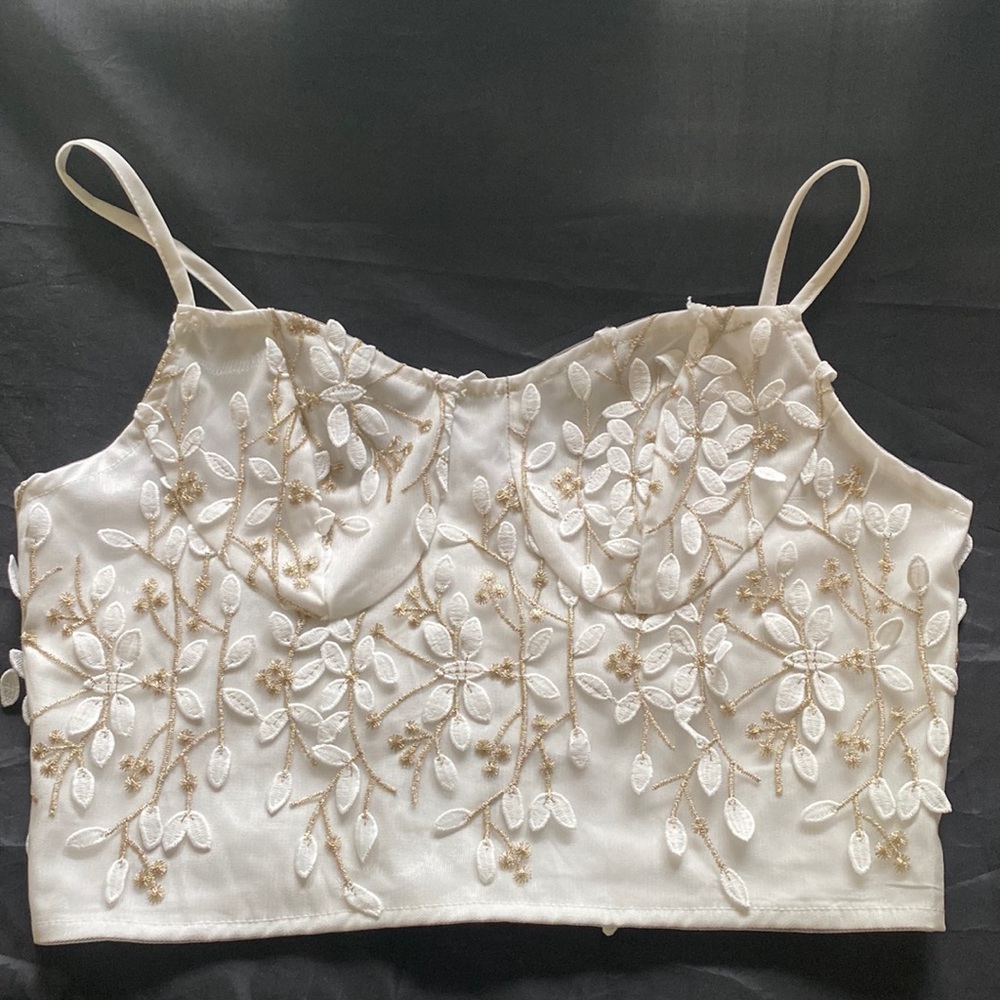 SHEIN white cami top with bronze and white flower detail